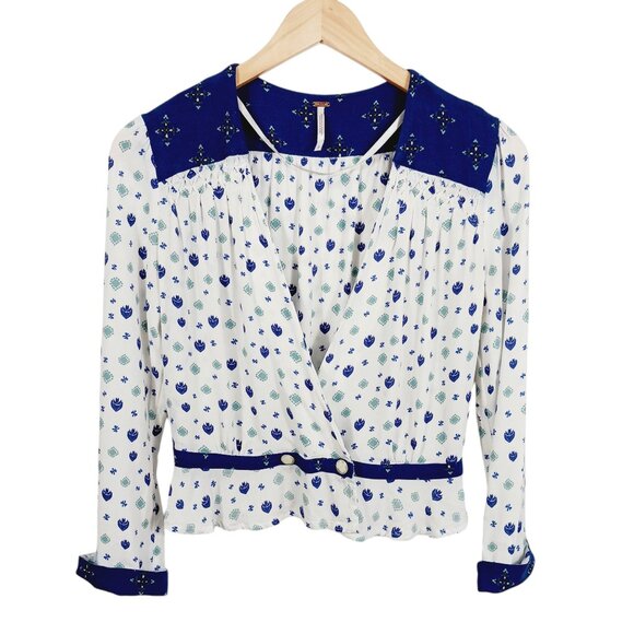 Free People Tops - Free People Top, Size S, Wrap Front, Long Sleeve, White/Blue, Smocking, Boho